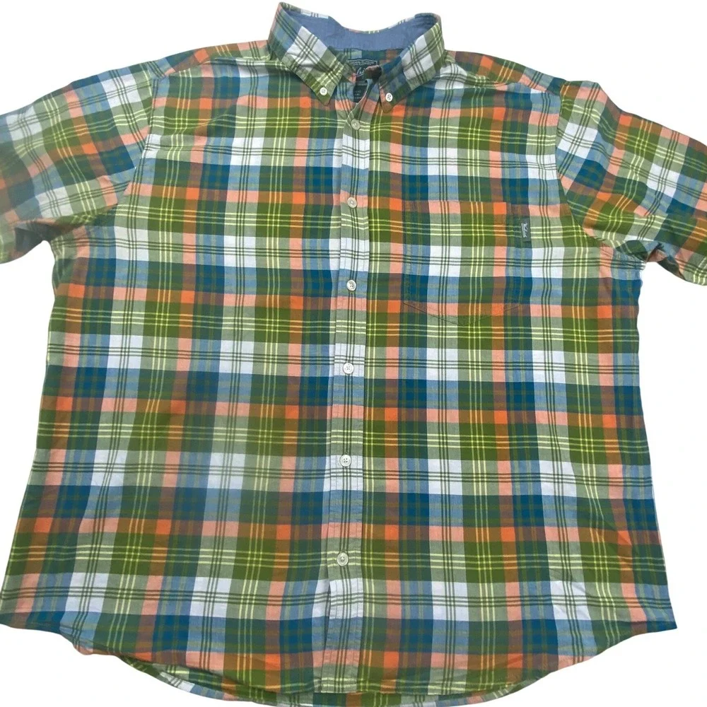 Woolrich Mens XXL Plaid Short Sleeve Button Down Shirt Green Orange Cotton